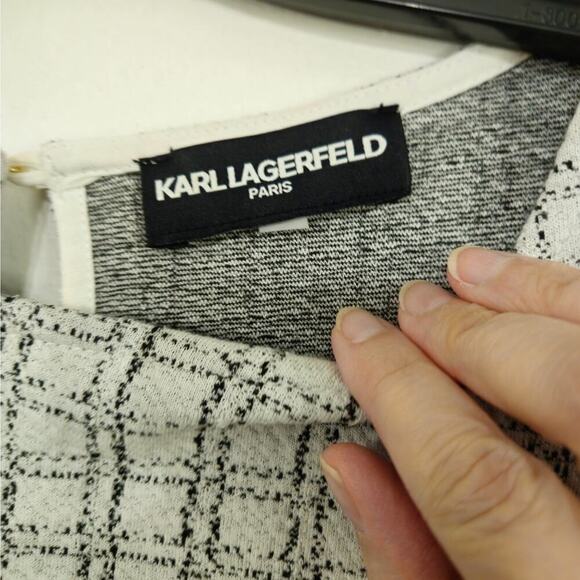 Karl Lagerfeld Black/White Checkered Window Pane 3/4 Sleeve Bow Knit Top Size M - Picture 5 of 7